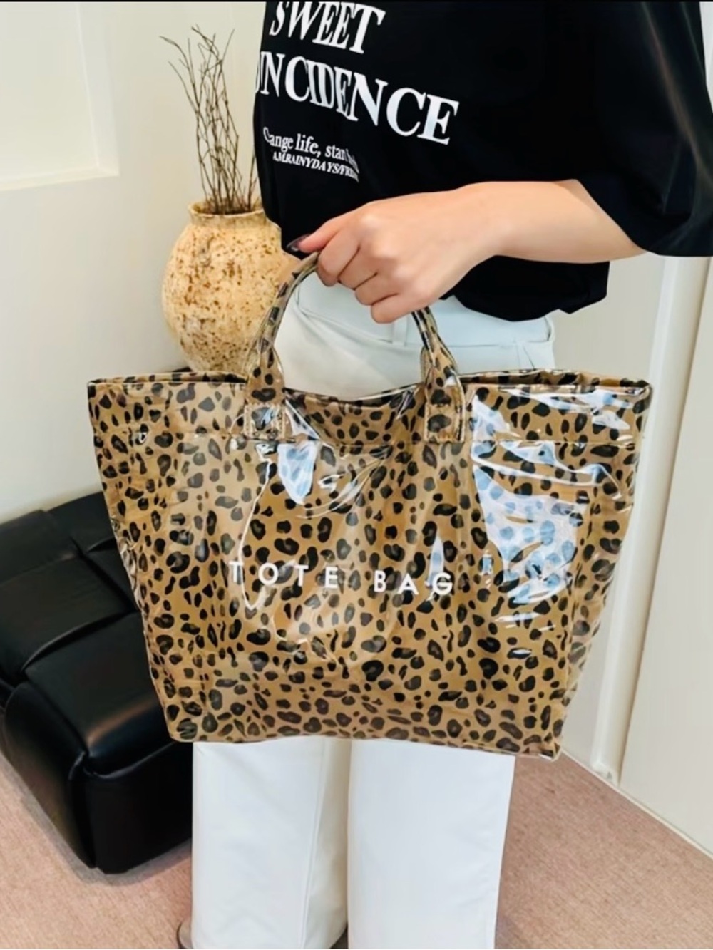 A Leopard Print Clear Tote Bag - Brown & Black